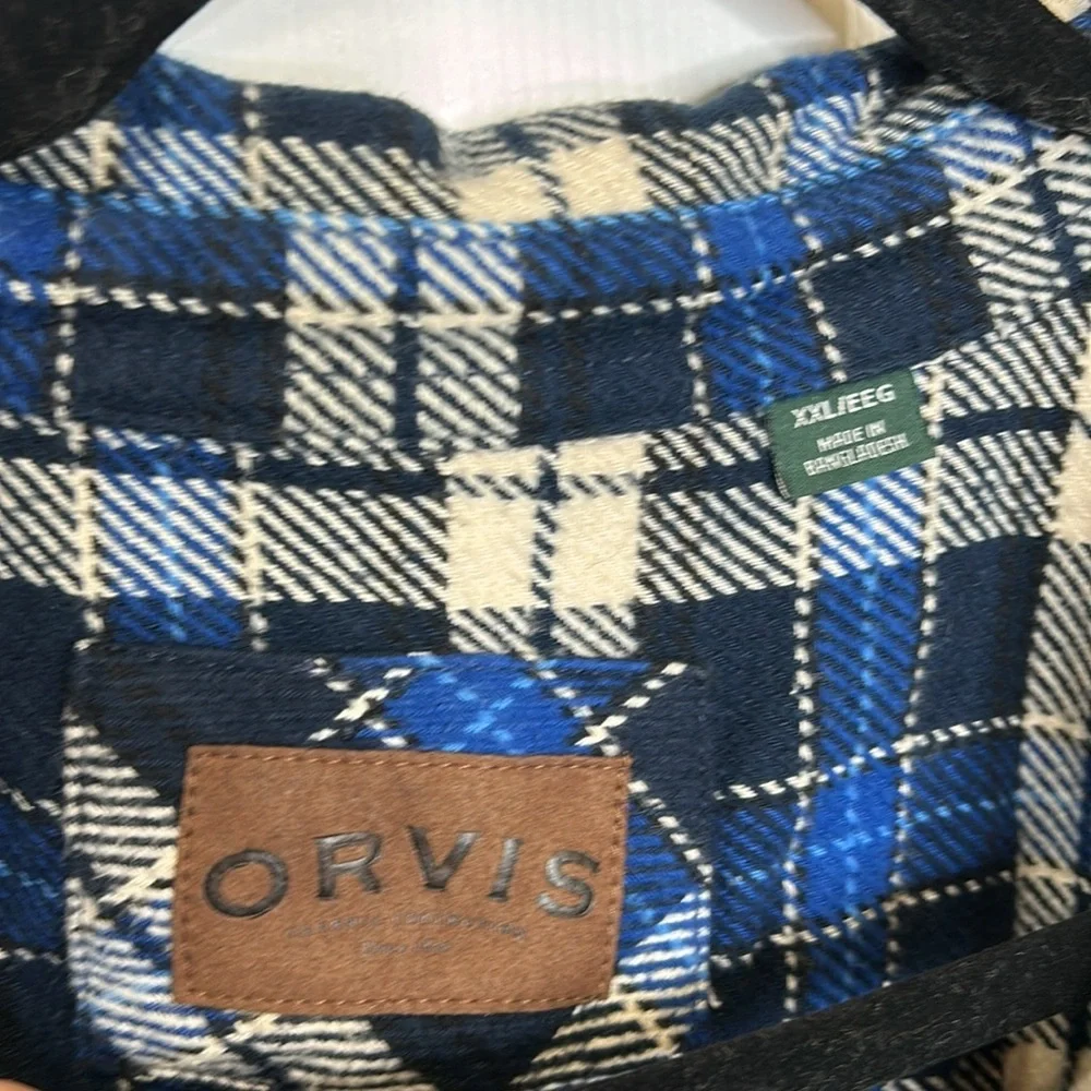 Orvis Men's Plaid Flannel Button Down Shacket Size XXL Black Blue Casual‎ Cozy